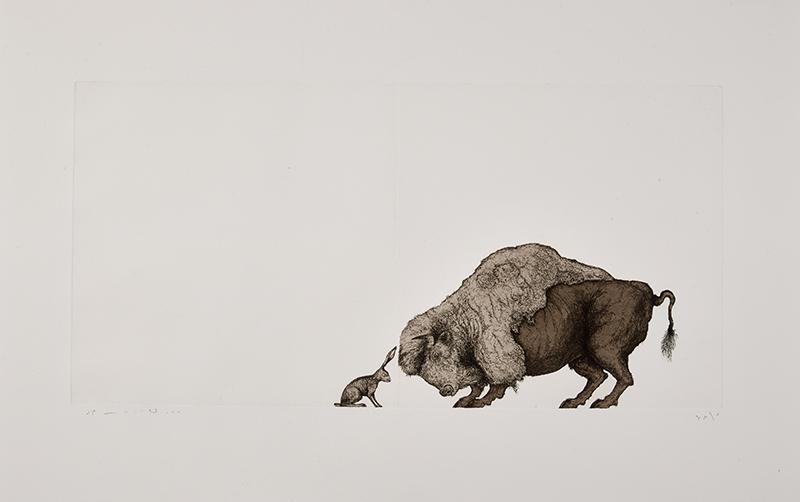 A drawing of a large bull on the left facing a small rabbit on the right