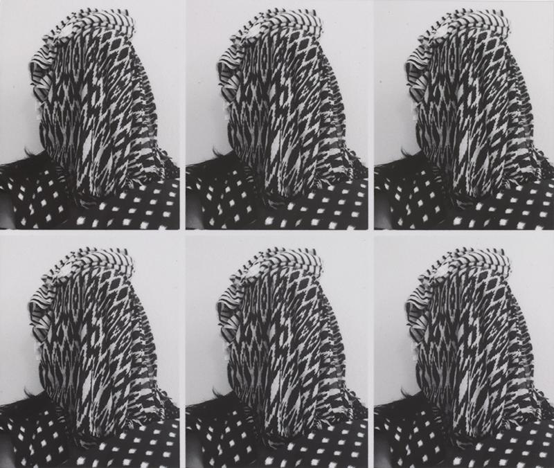 A six part image in a grid of the back of a head in a black and white head covering