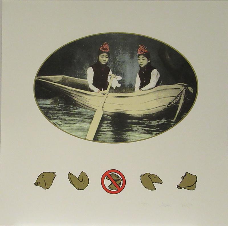 A silkscreen print with an oval containing a picture of two women in a boat against a black background.  Under the oval are five fortune cookies, the center one with a "do not" symbol over it.